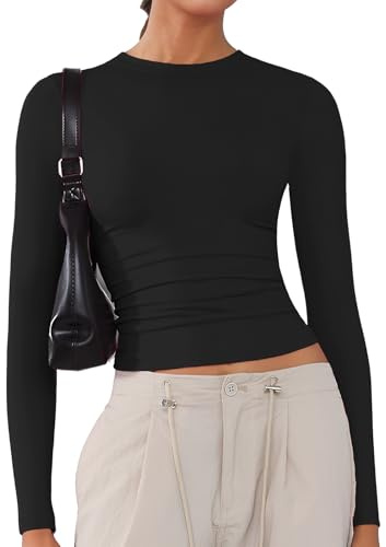 Women's Soft Long Sleeve Shirts Crew Neck Tops Basic Tees Stretchy Going Out Crop Tops Y2K Slim Fit T-Shirts Black S