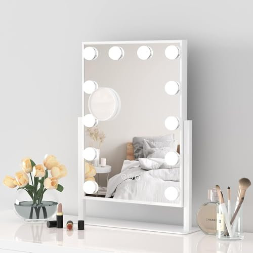 Moziel Specchio da Trucco Hollywood con Luci 41L x 30l cm a 12 Led sul Tavolo, 3 Colori di Luce e Funzione di Luminosità Regolabile, Dimensioni con Base 48L x 36l cm