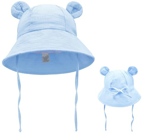 Aideer Bomull babysolhatt med söta björnöron 6–48 månader, pojkar, flickor, UV-skydd, sommarhatt med justerbar hakrem, buckethatt, fiskarhatt, blå, One size
