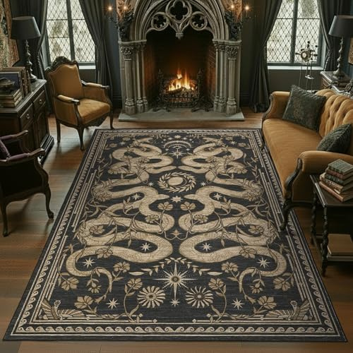 Snake Washable Rugs 9x12 Area Rug for Living Room Non Slip Forest Soft Low-Pile Stain Resistant Thin Large Throw Carpet for Bedroom Dining Room Office Dark Grey