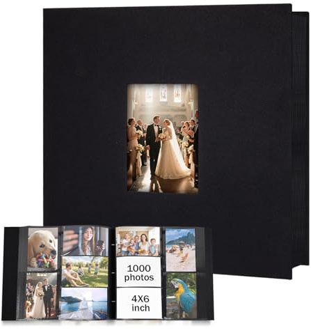 Extra Large Capacity Photo Album 4x6 1000 Pockets, Linen Cover and Front Window, Holds 1000 4x6 Horizontal and Vertical Photos, 4 x 6 Picture Book for Family Wedding Anniversary Vacation, Black