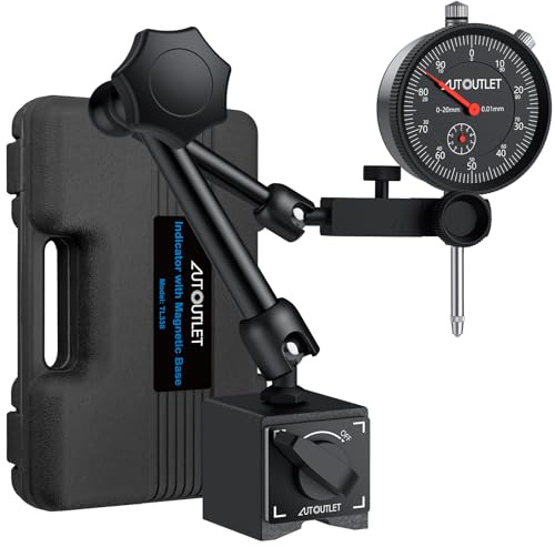 AUTOUTLET Dial Indicator with Magnetic Base, 0-1/0.001 Magnetic Dial Indicator, 132lbs/60KG Max Pull Dial Gauge with Fine Adjustment Knob for 3D Printer, Lathe, CNC Machine, Workshop Use