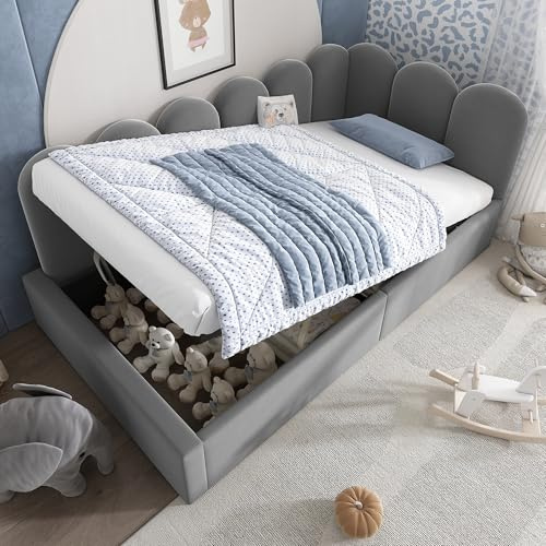 Merax Single Grey Upholstered Bed, 3ft Single Day Bed Ottoman Bed with Hydraulic Storage, with interchangeable Upholstered Fence, Metal Slatted Frame, for Adults Children, Velvet/90x190cm(No Mattress)