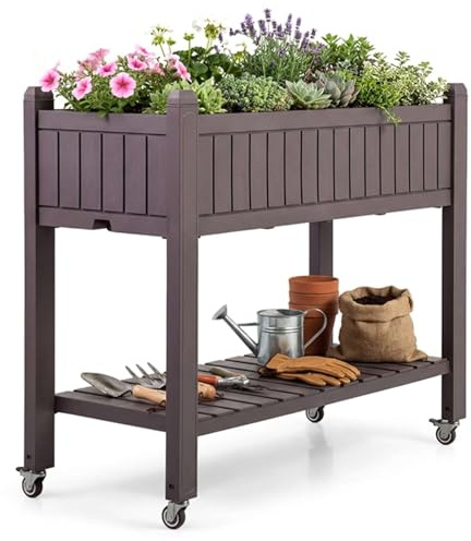 HOMASIS Fioriera Rialzata Mobile con Rotelle e Ripiano Portaoggetti, Vaso per Piante in PP con Foro di Drenaggio, Letto da Giardino per Terrazza e Balcone, 108x44x88,5 cm, Marrone