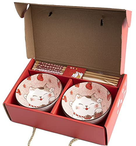 Lachineuse Maneki Neko - Juego de cuencos para arroz, desayuno y sopa, vajilla japonesa de porcelana con palillos, gato de la suerte, regalo japonés - Deco Kawaii Japón