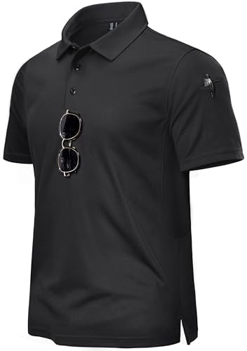 TACVASEN Mens Golf Polo Shirt Short Sleeve Work Polo T-Shirts Quick Dry Outdoor Polo Tops Hiking Walking Shirts Black,XL
