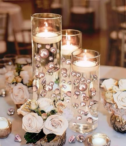 100 Floating Rose Gold Pearls with Rose Gold Sparkling Gems- Large Sizes- Fills 2 Gallons of The Floating Transparent Water Gels for Your Vases- with Pre-Measured Prep Bags for Best Results!