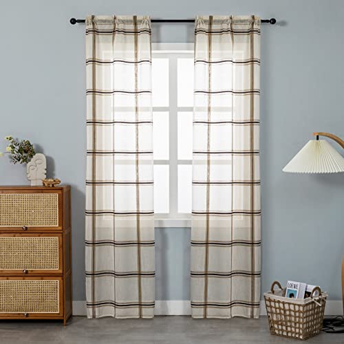 GIRASOLE Coppia Tende Semitrasparenti Fantasia a Quadri Tenda per Soggiorno e Camera da Letto 2 Pannelli con Tasca (Crema, 70x240cm)