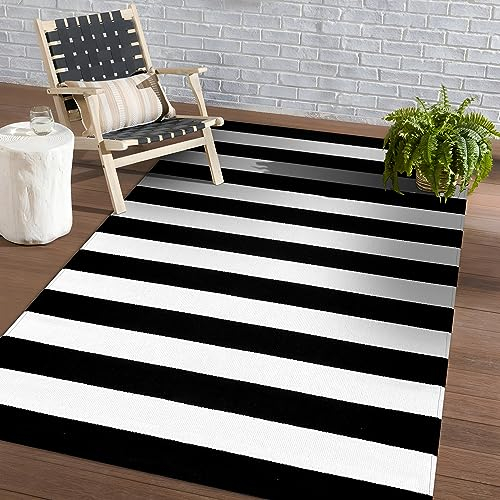 Schwarz und Weiß gestreifter Teppich, 122 x 182 cm, Baumwolle, gewebt, waschbar, Retro-Gitter-Streifen, Outdoor-Teppich, für Bauernhaus, Wohnzimmer, Esszimmer, Schlafzimmer