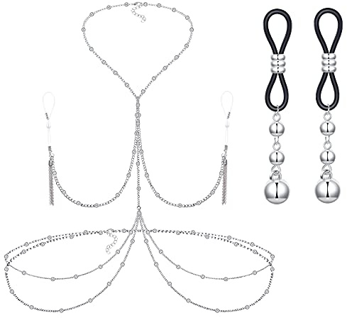 Longita Körperketten Hals Nippel Taille Kette Lange Bikini Schmuck Fake Brustwarzenpiercing für Damen Non Piercing Nippel Ring mit Halsketten Einstellbar