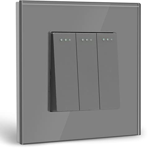 BSEED Light Switch 3 Gang 1 Way Glass Light Switches Screwless 10A Rocker Tactile Wall Switch Grey Crystal Toggle Switch