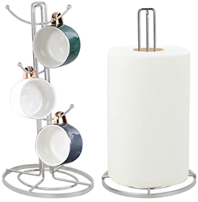 Royal Cuisine set of 6 cup mug tree stand and linear kitchen roll/paper towels holder stainless steel - coffee tea cups mugs draining rack|kitchen storage accessories (Silver)