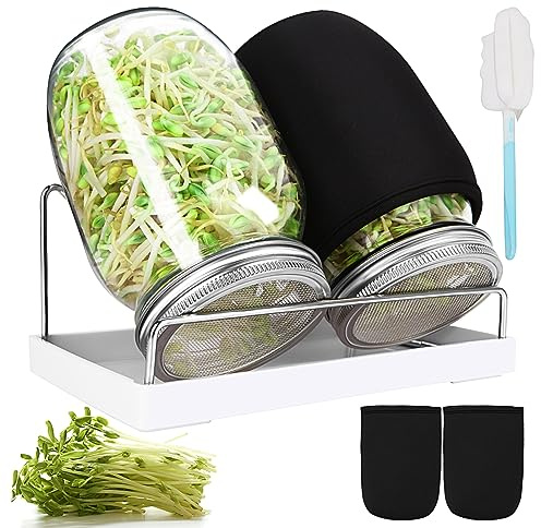 Sprouting Jar Kit, 32 OZ 2 Large Wide Mouth Mason Jars with Sprout Lids, Premium Canning Lids, Blackout Sleeves, Tray ,Stand & Canning Brush - Sprouting Kit for Growing Broccoli, Mung Bean, Alfalfa