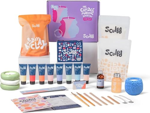 Sculpd Candle Making Pottery Kit for Adults with Air Dry Clay and Acrylic Paint Set, Non-Toxic Eco Soy Wax, Scented Fragrance Oil, Candle Glaze, Tools & Guide, 2 Candles, Peony Rose with Pastel Tones