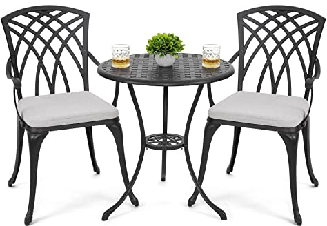 NUU GARDEN Bistro Set 3 Piece Outdoor Cast Aluminum Patio Bistro Set Patio Table and Chairs Set of 2 with Umbrella Hole and Gray Cushions, Black