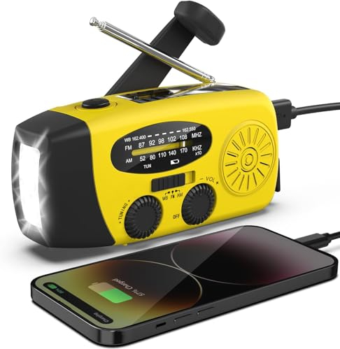 Solar Radio, Tragbar Kurbelradio Dynamo Radio mit AM/FM, Notfall Radio mit Kurbel, 2000mAh Wiederaufladbare Powerbank,LED Taschenlampe,USB-Handy-Lader für Camping Ourdoor Yellow
