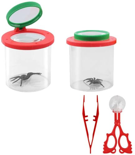 4 Stück Becherlupe Set, Becherlupe Lupendose, Lupenglas für Kinder, Insekten Viewer mit Insektenfänger und Pinzette, Insekten Beobachtungsbox für Kinder Outdoor Wissenschaft Natur Erkundung (Rot)
