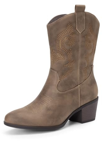DREAM PAIRS Cowboy Boots for Women, Mid Calf Cowgirl Boots with Embroidery Round Toe Western Chunky Low Heel Shoes,Size 8,Camel,DWUMMB2505