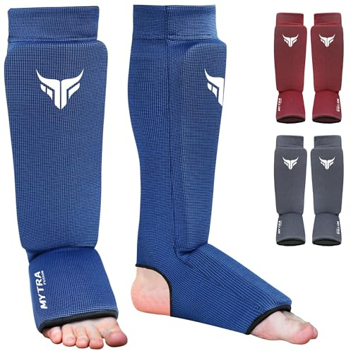 Mytra Fusion Protecteur Tibia-Cou-de-Pied Extensible Protege Tibia Boxe Léger et Rembourré Entraînement Protège Tibia Muay Thai, Arts Martiaux et Protege Tibia MMA Hommes et Femmes (Blue, L/XL)