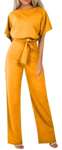 HOOUDO Petite Jumpsuits Summer Short Sleeve Playsuits Ladies Plain Casual Wide Leg Pant Belted Romper Formal Wedding Overalls Baggy One Piece Outfits Dungarees My Orders UK Yellow