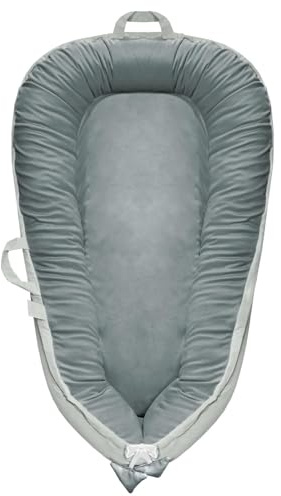 Baby Nest Pod Newborn Lounger, Baby Pod Reversible Soft Breathable 2-in-1 Cotton & Flannel for All-Season, Portable Adjustable Newborn Nest Pod for 0-24 Months Baby Boys Girls Grey