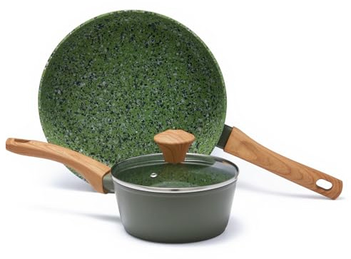 Jovire Small Non-Stick Frying Set, Frying pan & Saucepan with Lid,Ceramic Coated PFOA PTFE Free, Compatible with All Stovetops Including Induction (Green, 3-pcs 28cm)
