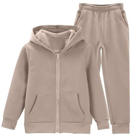 Momolaa 13-14 Years Girls Zip Up Sweatshirt and Loose Sweatpants Tracksuit Solid 2 Piece Full Set Zipper Hoodie Trackpants Bottom Jogging Pants Clothing Set Back to School Activewear Khaki