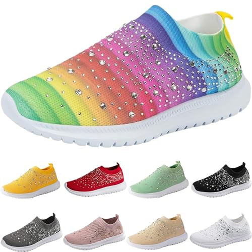 UK 4.5 Rhinestone Sneakers Wedges Trainers for Women Wide Fit Fashion Glitter Sparkly Mesh Breathable Slip On Walking Shoes Gold Trim Platform Trainers Gym Running Shoe Gift Footwear ZY002L_Rainbow