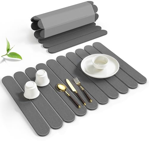 Large Stone Dish Drying Mat for Kitchen Counter, Quick Dry Diatomaceous Earth Stone Mat, Roll-Up Dish Mat for Dishes Bottles Cups, Super Absorbent & Non-Slip, 24×16,Grey