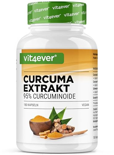 vit4ever Estratto di Curcuma alto dosaggio - 180 Capsule - 500 mg di Curcumina per porzione giornaliera - 95% contenuto di Curcumina – Estratto di Kurkuma di qualità - Vegano, senza additivi inutili