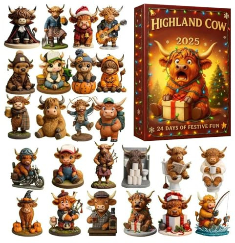 Calendrier de Noël - Accent mural 2D avec des Highlands, 26 x 18 x 3 cm, Charmant panneau de compte à rebours saisonnier | Figurine d'étagère de cuisine
