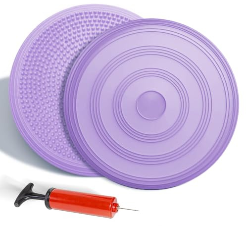 Balancekissen mit Pumpe, Ø 34 cm Aufblasbares Ballkissen, Orthopädischer Gleichgewichtskissen, Instabiles Sitzkissen, Balance Kissen für Rumpftraining, Rückentraining und Koordination (Lila)