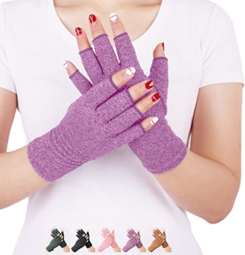 DISUPPO Arthritis Handschuhe – Rheumatische Arthritis Kompressionshandschuhe für Schmerzlinderung, Gaming Tippen, Fingerlose Handschuhe für Männer und Frauen (Violett, L)