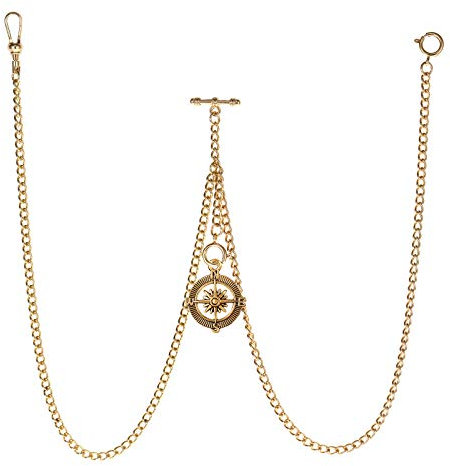 TREEWETO Men's Double Albert Chain Pocket Watch Curb Link Key Chain 3 Hooks with Antique Compass Pendant Design Charm Fob T Bar, Gold, Vintage