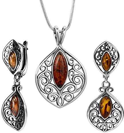 Conjunto De Joyería De Ámbar En Plata De Ley 925 Con Collar Ajustable Y Pendientes Estilo Vintage