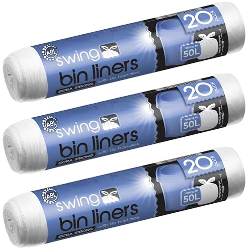 Extra Strong Swing Bin Liners with Tie Handles 3 Rolls x 20 Bags 50L White Plastic Bin Bags Leakproof Bin Bag 89 cm x 120cm 60 bags