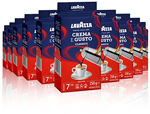 Lavazza, Crema e Gusto Classico, Café Molido Natural, 10 x 250 g, para Cafetera Italiana, de Filtro y Francesa, con Notas de Especias, Arábica y Robusta, Intensidad 7, Tueste Oscuro, Amazon Exclusive