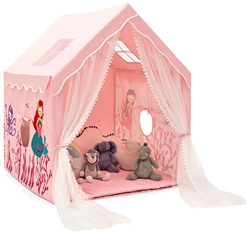 DREAMADE Tente de Jeux Enfant, Cabane Enfant, Tente de Maison de Jeux Intérieure/Extérieure avec Tapis de Coton, Château, (Rose)