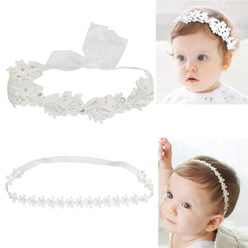 Elegantes diademas de bautizo de flores blancas para bebé, encaje suave elástico con bonita correa de pelo de perlas de tul, halo de bautizo elástico para recién nacidos y niños pequeños (más de 6