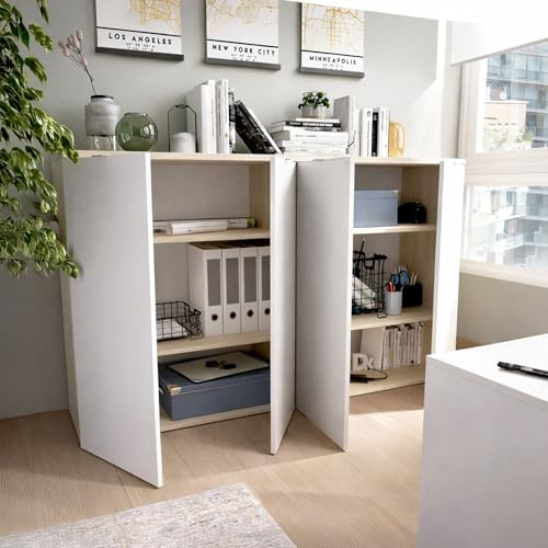 Dmora - Armadio multiuso 2 ante Gaviola, Mobile basso multifunzione, Armadietto porta scarpe, 79x40h96 cm, Bianco e Rovere