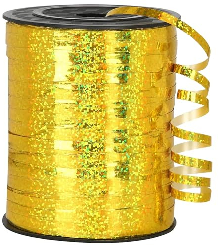 Chexin Glitzerndes Geschenkband in Gold, 500M Ringelband, Ballonband, Schleifenband, Polyband für Geschenkverpackung, Geburtstag, Hochzeit, Weihnachten, Basteln, Floristen, Partydeko