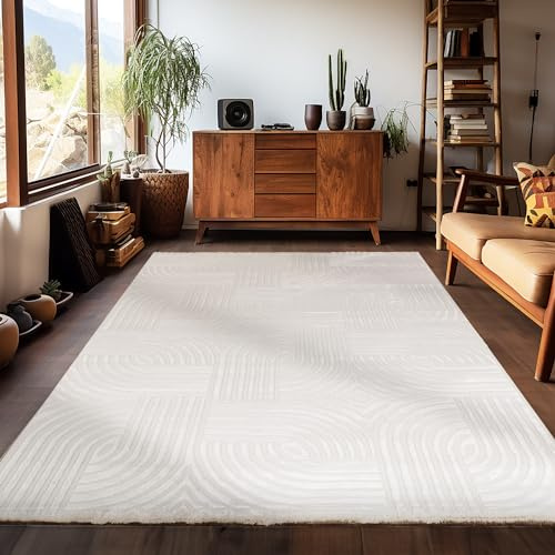Carpetsale24 Kurzflor Teppich Wohnzimmer 120x170 cm Creme Modern Skandinavisch Boho Design Einfarbig 3D Effekt Weich Waschbar Pflegeleicht für Schlafzimmer Esszimmer Küche
