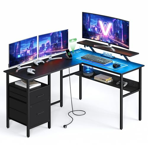 VASAGLE Scrivania a L con Prese di Corrente, Tavolo ad Angolo per Computer con Supporto per Monitor, Luci a LED, 2 Cassetti, 2 Porte USB, Nero Ebano LWD095B01