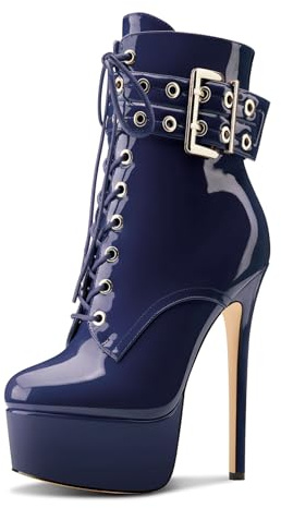 Aachcol Femmes Aiguille Haut High Talon Heel Plate-forme Bottines Rond Bout Lacets Fermeture à Glissière Mi Mollet Boucle Dress Bottes Bleu Marine 44 EU