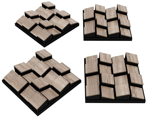 Pack de 4 paneles acústicos difusores | Mosaico 3D sin costuras para pared | Decoración mural DIY | Difusor decorativo de madera (HDF) | Color: [ZARINITY | Sonoma]