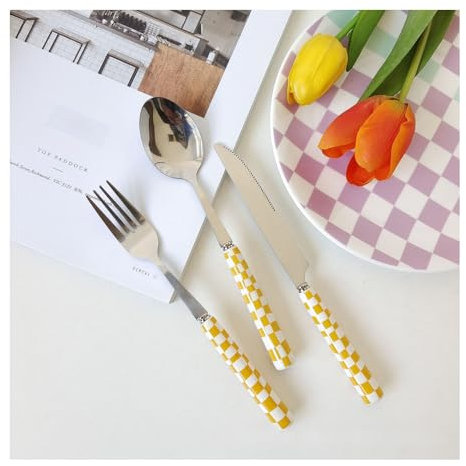(12 Pièces) Damier Poignée En Céramique Cuisine Acier Inoxydable Argenterie Vaisselle Couverts Ensemble De Couteau À Steak Fourchette Cuillère Café (Jaune)