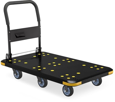 Heavy-Duty Foldable Platform Cart with 6 Wheels & 2000LB Capacity - 360° Swivel & Fixed Casters, Collapsible Push Cart Dolly Black Plastic Trolley, 5 Wheels, Spare Tire & Anti-Collision Corners