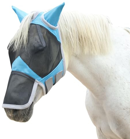 Leberna Fine Mesh Horse Fly Mask Large Eye Space Long Nose with Ears UV Protection for Horse (Lake Blue, Pony)