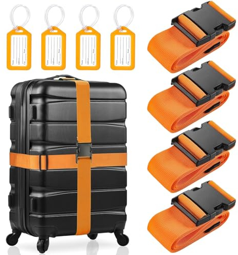 Kezidhp Lot de 4 Sangle Réglable pour Valise avec Étiquettes de Identification - Accessoire de Voyage Avion Universel pour Bagage - Protection Anti-Rayures + Identification Rapide