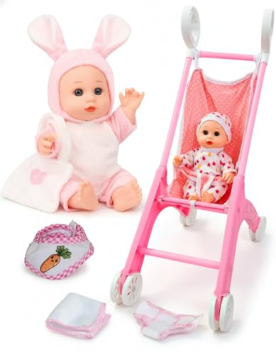 PLAYFULBAY Baby Doll Stroller Set with 2 Doll Outfits, Toy Baby Stroller for Dolls with Diaper, Bib & Mini Bag, Imaginative Role-Play Gift for Toddlers 2+